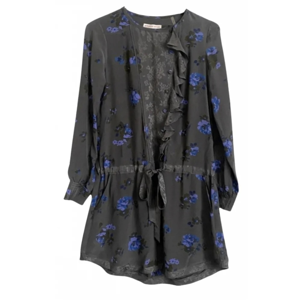 Rebecca Taylor Silk Floral Ruffle Bib Long Sleeve Tie Waist Mini Dress sz.2